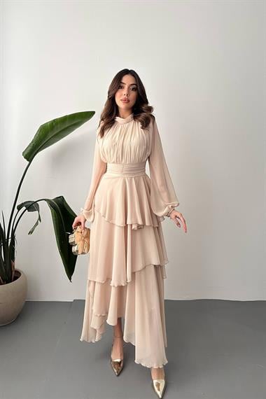 Toptan Bej Bel Detaylı Elbise