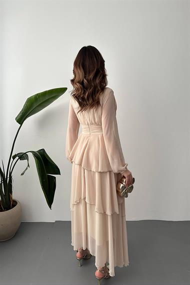 Toptan Bej Bel Detaylı Elbise