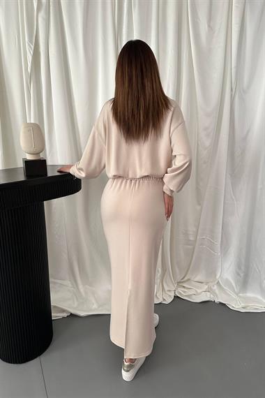 Toptan Bej Biyeli Sweatshirt ve Etek Takım