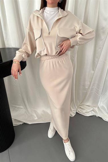 Toptan Bej Biyeli Sweatshirt ve Etek Takım