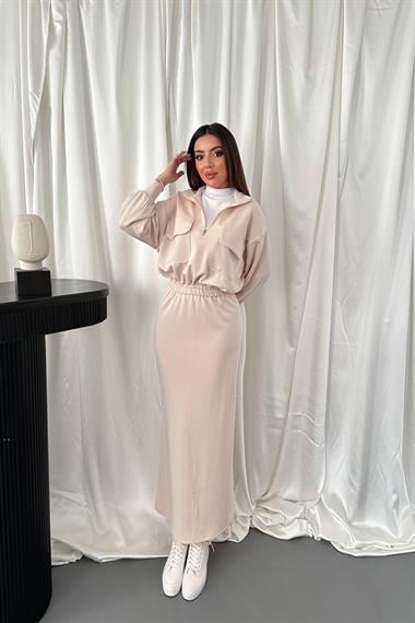 Toptan Bej Biyeli Sweatshirt ve Etek Takım