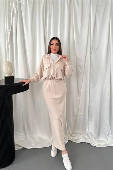 Toptan Bej Biyeli Sweatshirt ve Etek Takım