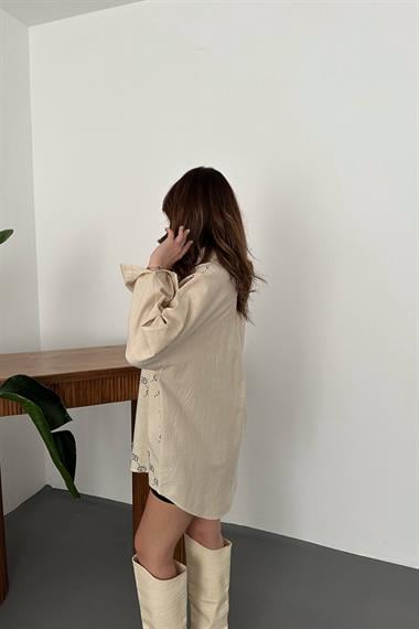 Wholesale Beige Dyed Linen Printed Stone Shirt