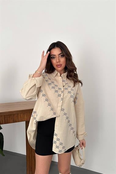 Wholesale Beige Dyed Linen Printed Stone Shirt