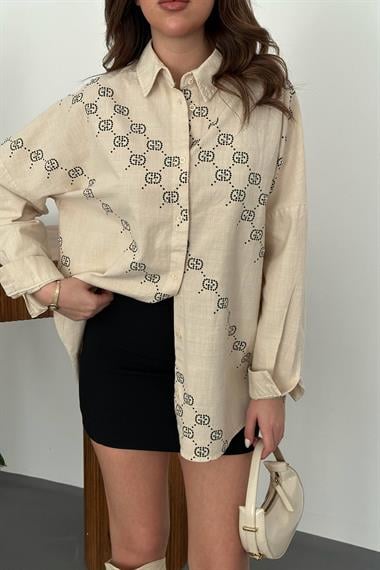 Wholesale Beige Dyed Linen Printed Stone Shirt