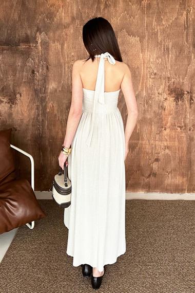 Toptan Bej Boyundan Bağlamalı Keten Elbise