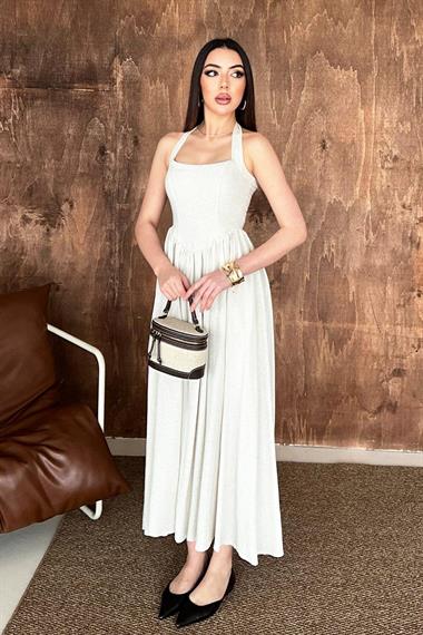 Toptan Bej Boyundan Bağlamalı Keten Elbise