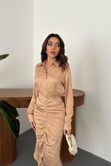 Toptan Bej Büzgülü Gömlek Elbise