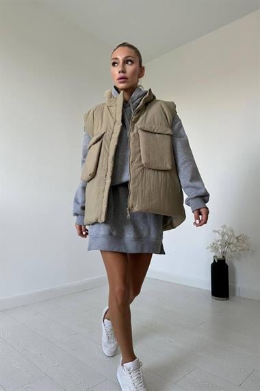 Toptan Bej Cepli Şişme Yelek