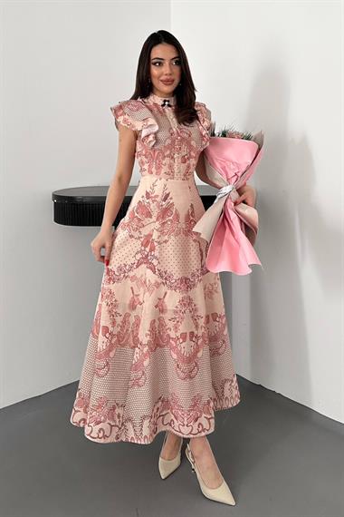 Toptan Bej Çiçek Desenli Elbise