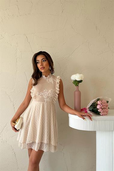 Toptan Bej Çiçek Desenli Elbise