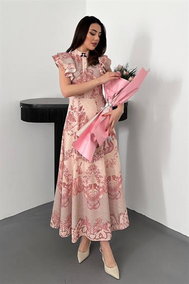 Toptan Bej Çiçek Desenli Elbise