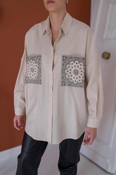 Wholesale Beige Double Pocket Printed Shirt