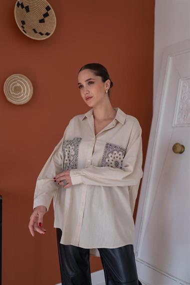 Wholesale Beige Double Pocket Printed Shirt