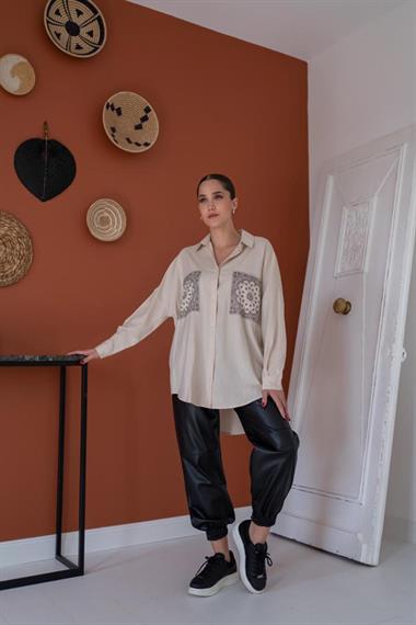 Wholesale Beige Double Pocket Printed Shirt