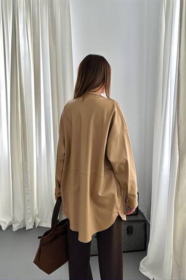 Toptan Bej Çıtçıt Kapama Cepli Deri Ceket