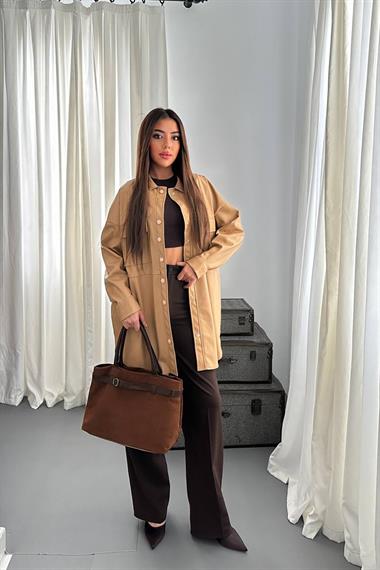 Toptan Bej Çıtçıt Kapama Cepli Deri Ceket