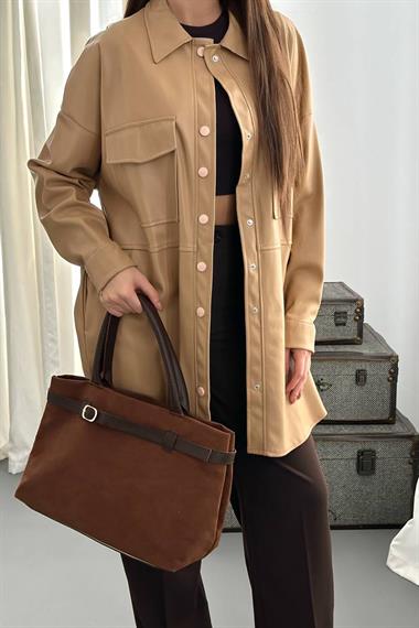 Toptan Bej Çıtçıt Kapama Cepli Deri Ceket