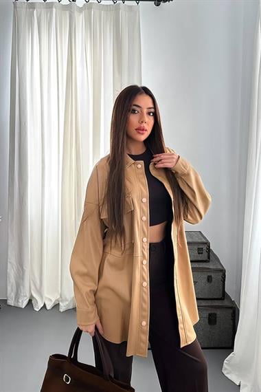 Toptan Bej Çıtçıt Kapama Cepli Deri Ceket