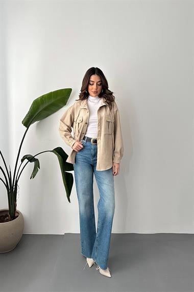 Toptan Bej Çıtçıtlı Süet Gömlek