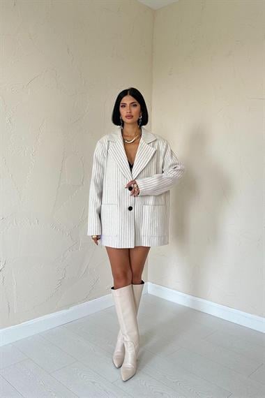 Toptan Bej Çizgili Oversize Ceket