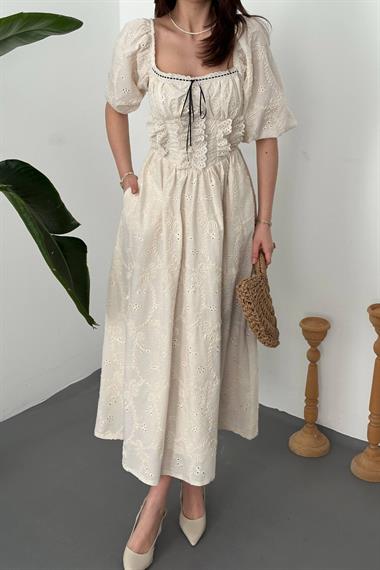 Toptan Bej Dantel Detaylı Brode Elbise