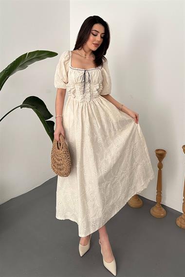 Toptan Bej Dantel Detaylı Brode Elbise