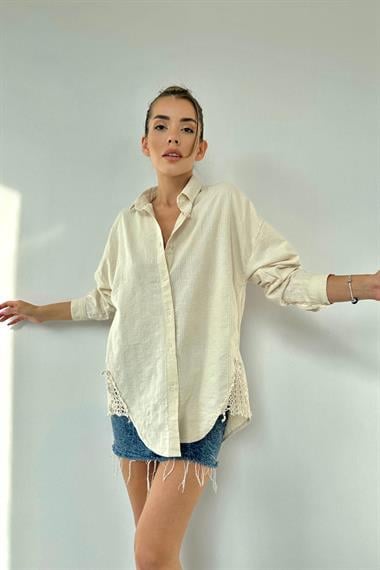 Wholesale Beige Lace Detailed Linen Shirt