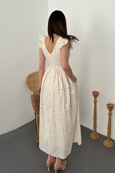 Toptan Bej Dantelli Brode Elbise