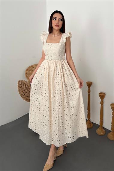 Toptan Bej Dantelli Brode Elbise