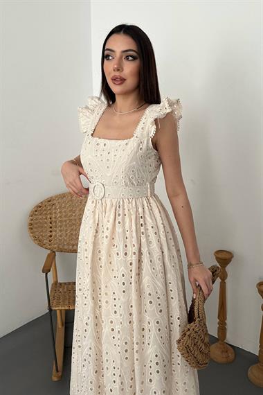 Toptan Bej Dantelli Brode Elbise