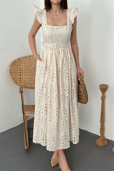 Toptan Bej Dantelli Brode Elbise