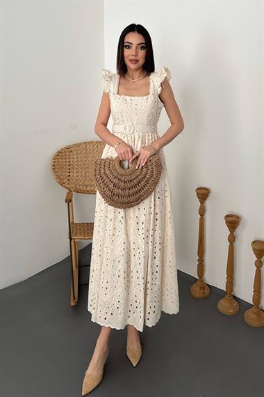 Toptan Bej Dantelli Brode Elbise