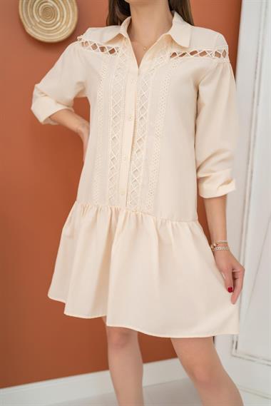 Toptan Bej Dantelli Gömlek Elbise