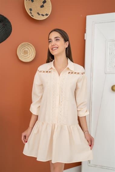 Toptan Bej Dantelli Gömlek Elbise
