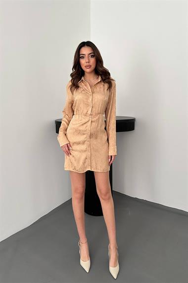 Toptan Bej Desenli Jakar Elbise