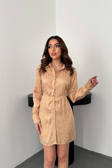 Toptan Bej Desenli Jakar Elbise