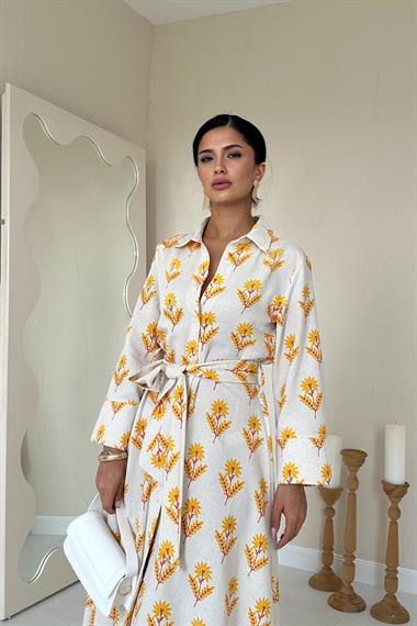 Toptan Bej Desenli ve Önü Düğmeli Keten Elbise