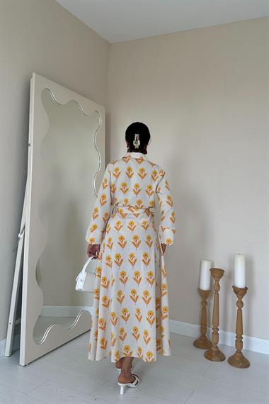 Toptan Bej Desenli ve Önü Düğmeli Keten Elbise