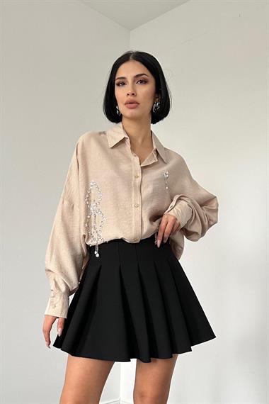 Toptan Bej Diamond Desen Taşlı Gömlek