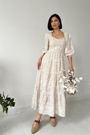 Toptan Bej Düğmeli Brode Elbise