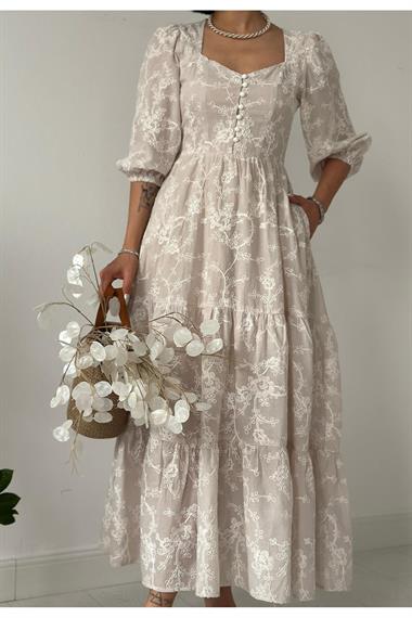 Toptan Bej Düğmeli Brode Elbise