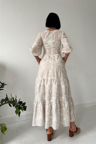 Toptan Bej Düğmeli Brode Elbise