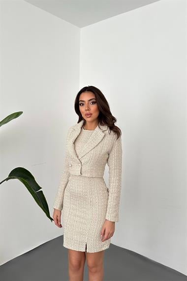 Toptan Bej Düğmeli Ceket ve Elbise Takım
