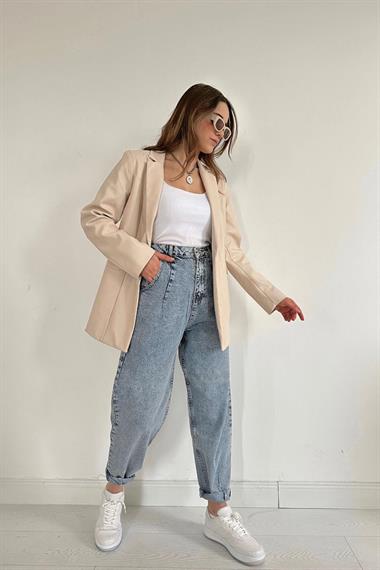 Toptan Bej Düğmeli Deri Ceket