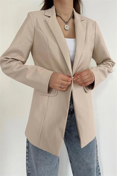 Toptan Bej Düğmeli Deri Ceket