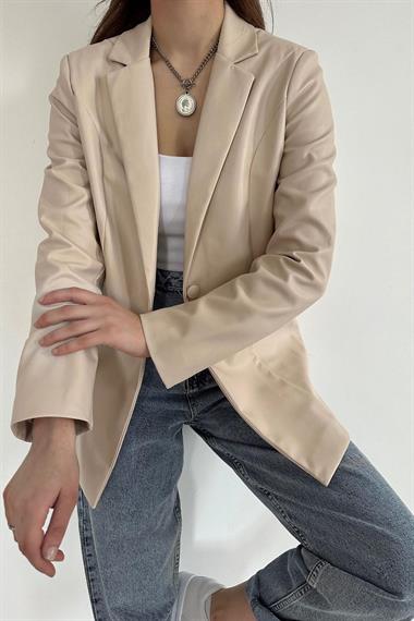 Toptan Bej Düğmeli Deri Ceket