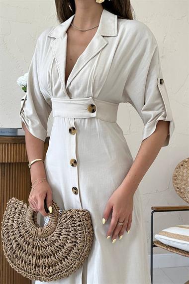 Toptan Bej Düğmeli Keten Elbise