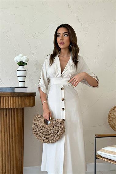 Toptan Bej Düğmeli Keten Elbise