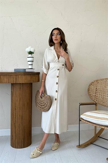 Toptan Bej Düğmeli Keten Elbise